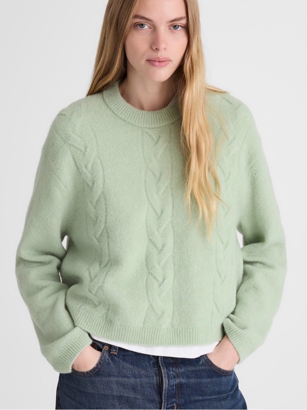 Madewell Light Sage Cable-Knit Crewneck Sweater